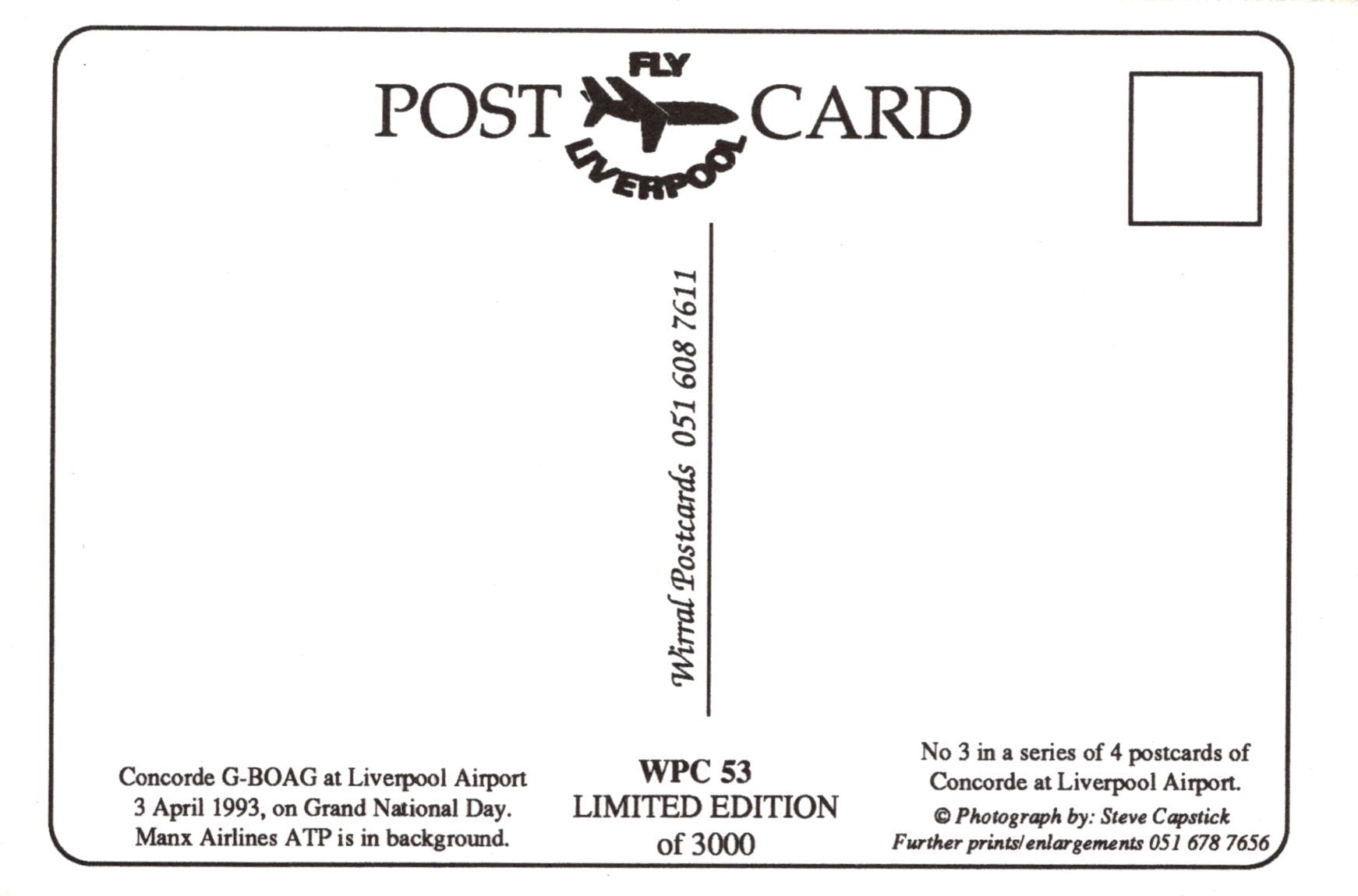 Back of a postcard with text and logo, featuring 'Wirral Postcards' branding.