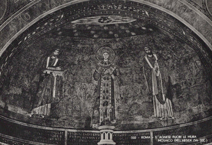 Mosaic of three figures in a religious setting with text below