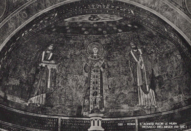 Mosaic of three figures in a religious setting with text below