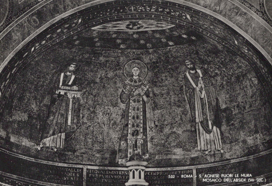 Mosaic of three figures in a religious setting with text below
