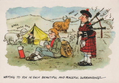 Cartoon of a person camping with a bagpiper and animals nearby, with text indicating sounds and a humorous tone.