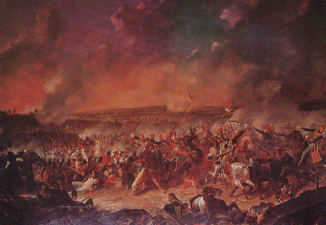 Painting of a historical battle scene with soldiers and horses on a battlefield.