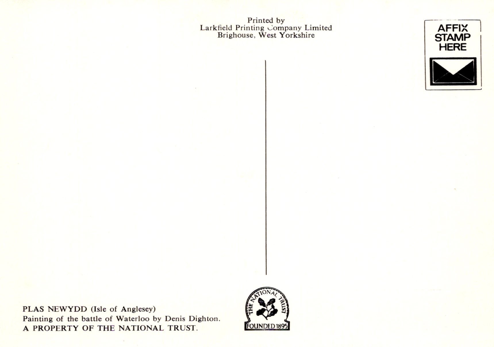 Back of a postal envelope with Larkfield Printing Company Limited branding and National Trust logo.