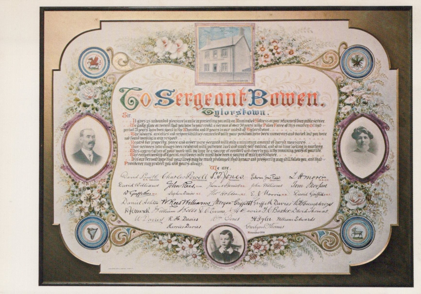 Decorative certificate or document with floral patterns and portraits, addressed to Sergeant Bowen.