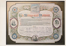 Load image into Gallery viewer, Decorative certificate or document with floral patterns and portraits, addressed to Sergeant Bowen.
