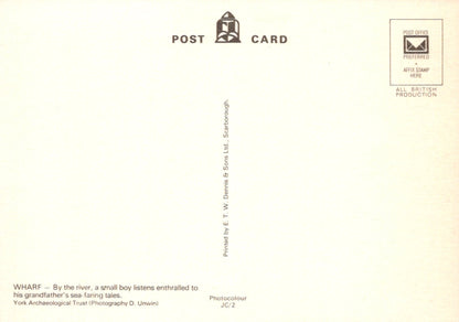 Vintage-style postcard with text and a small stamp on a beige background