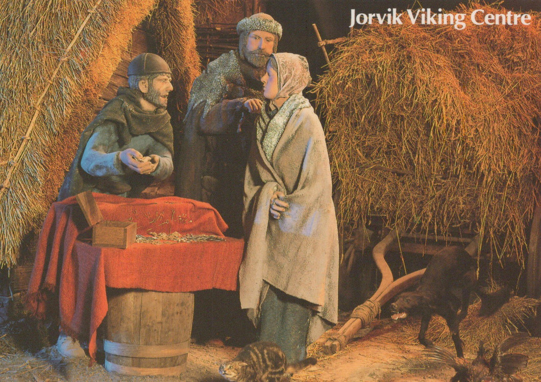 Illustration of three people in Viking attire in a hayloft with 'Jorvik Viking Centre' text.