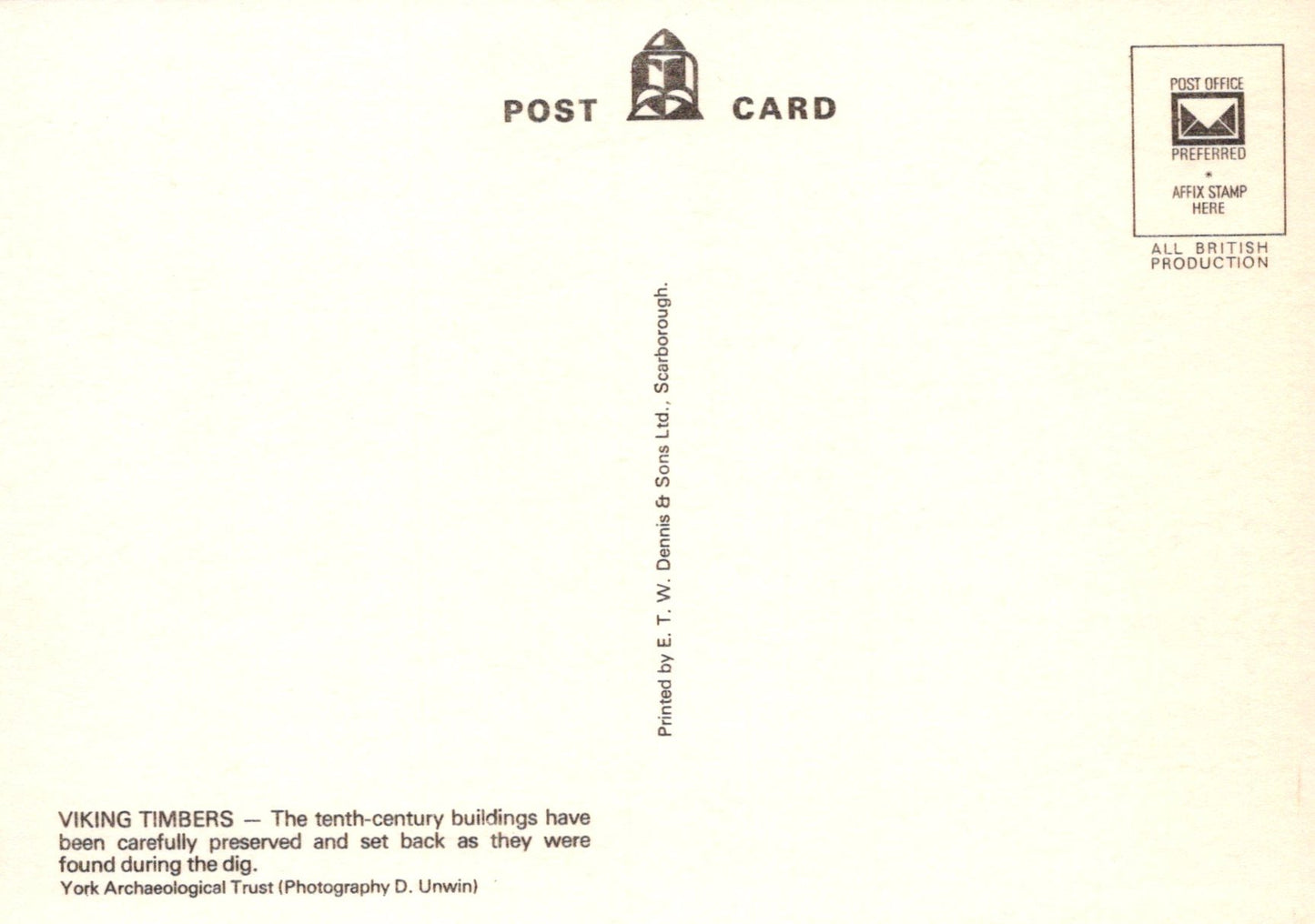 Back of a postcard with text and a logo on a beige background