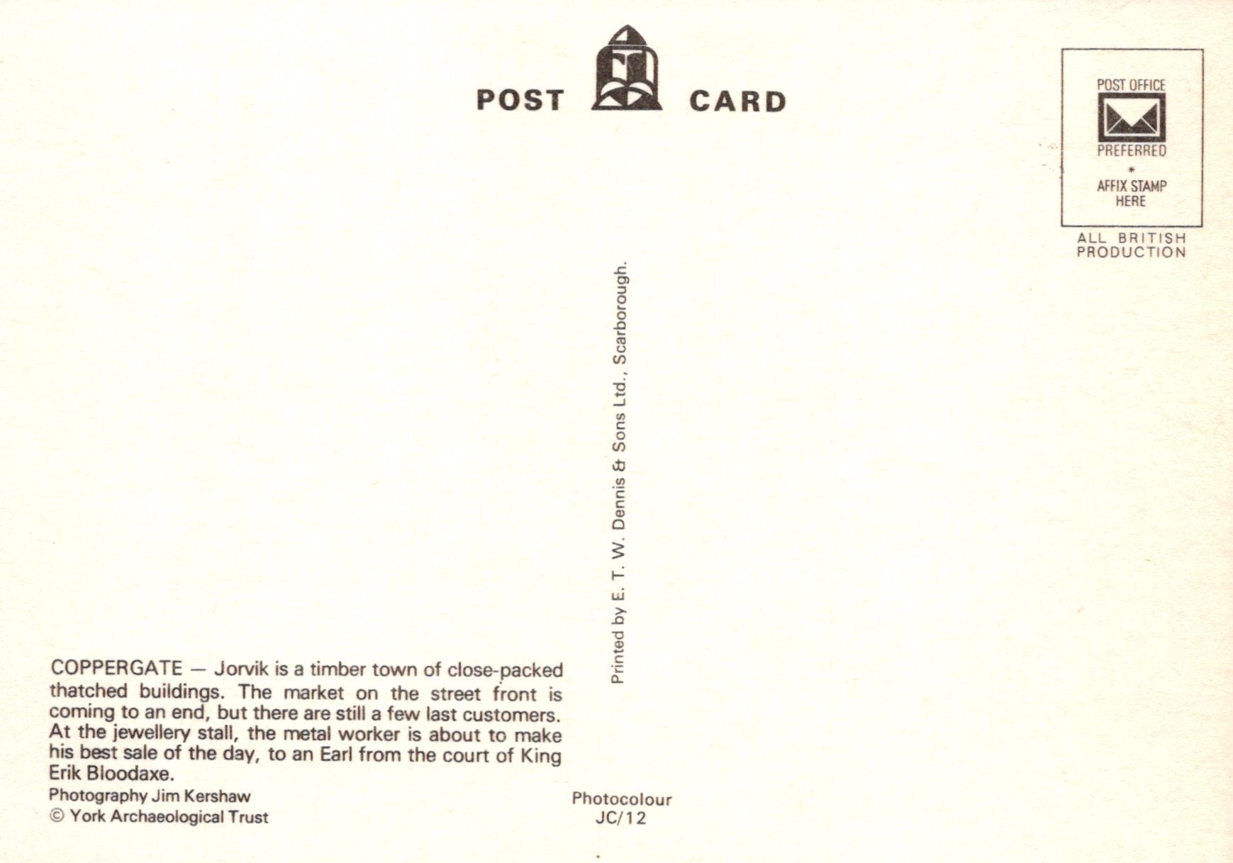 Back of a postcard with text and a logo on a white background