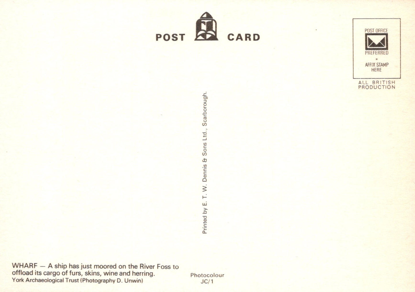 Back of a postcard with text and a logo, featuring a gradient effect.