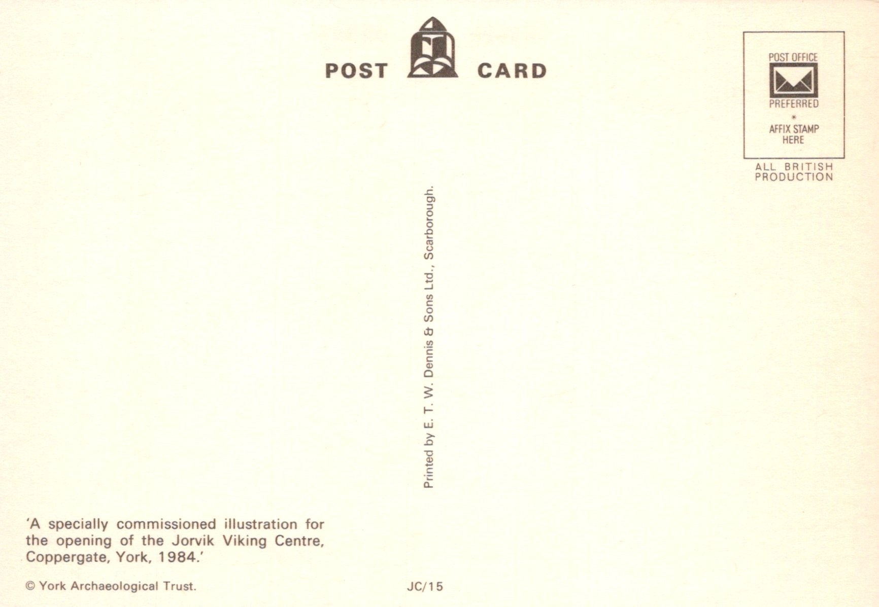 Back of a postcard with text and a logo, featuring 'Post Card' and 'York Archaeological Trust'.