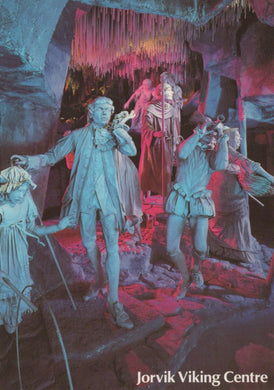 Illustration of people in a Viking-themed setting with text 'Jorvik Viking Centre'.