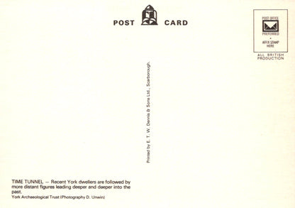 Back of a postcard with text and a logo on a beige background