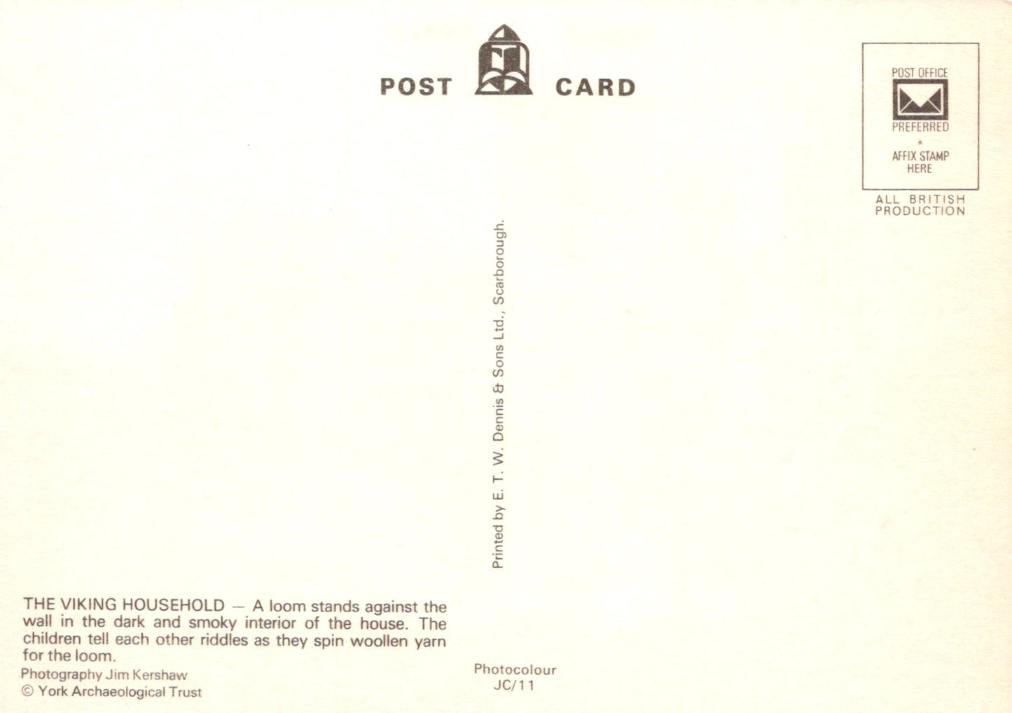 Back of a postcard with text and a logo on a beige background