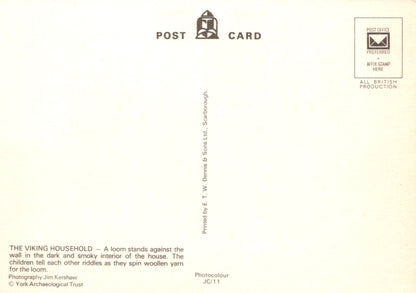 Back of a postcard with text and a logo on a beige background