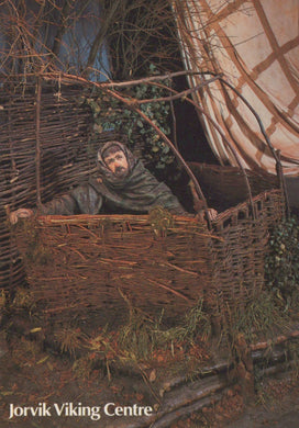 Man in a wicker boat with a Viking ship in the background, Jorvik Viking Centre branding.