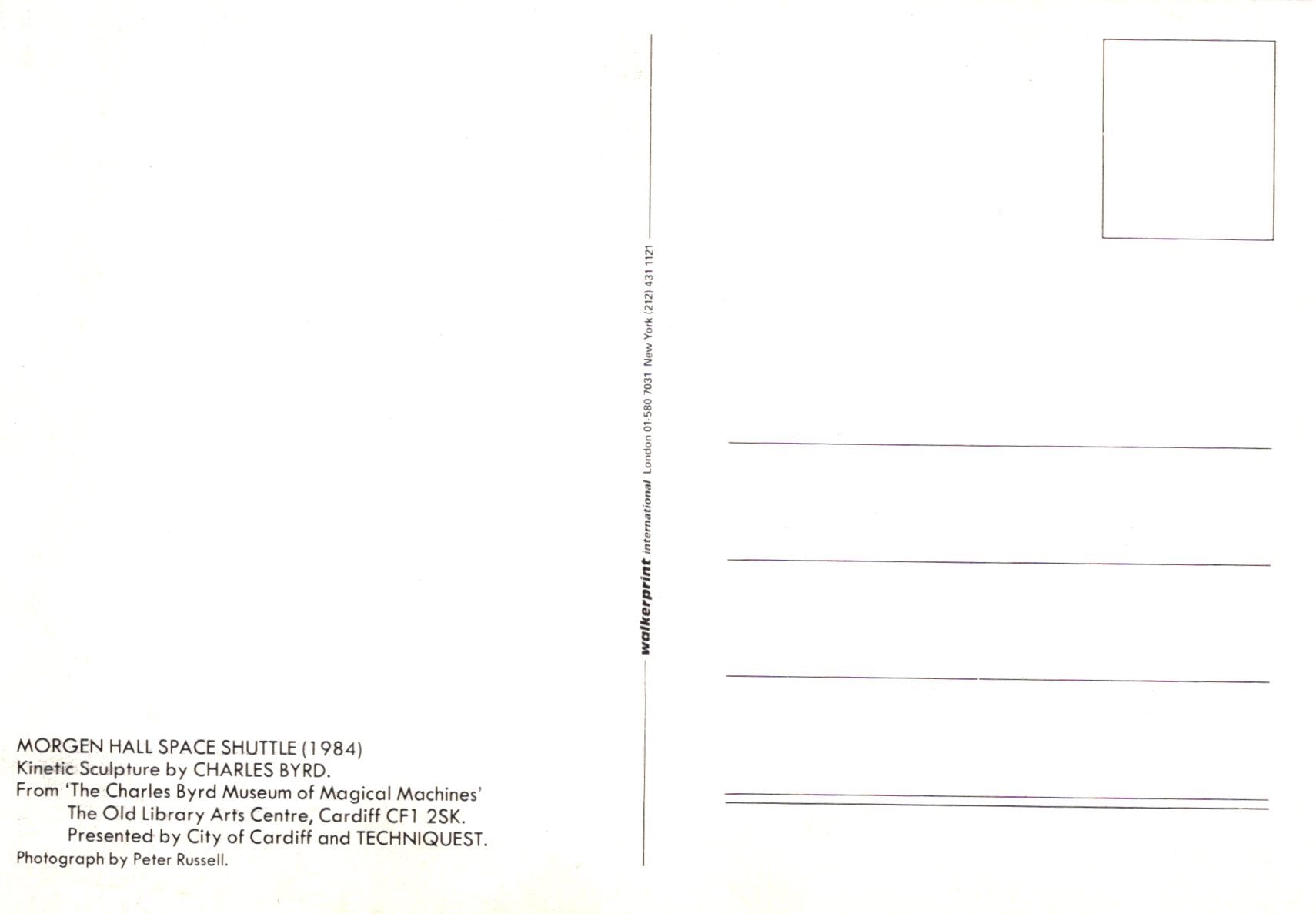 Back of a postcard with text and a small square image on a white background