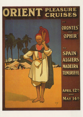 Vintage travel poster for Orient Pleasure Cruises featuring a man in Middle Eastern attire with palm trees and desert landscape.