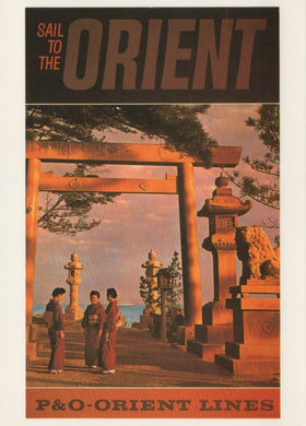 Vintage travel poster for P&O Orient Lines with people in traditional attire near a Torii gate.