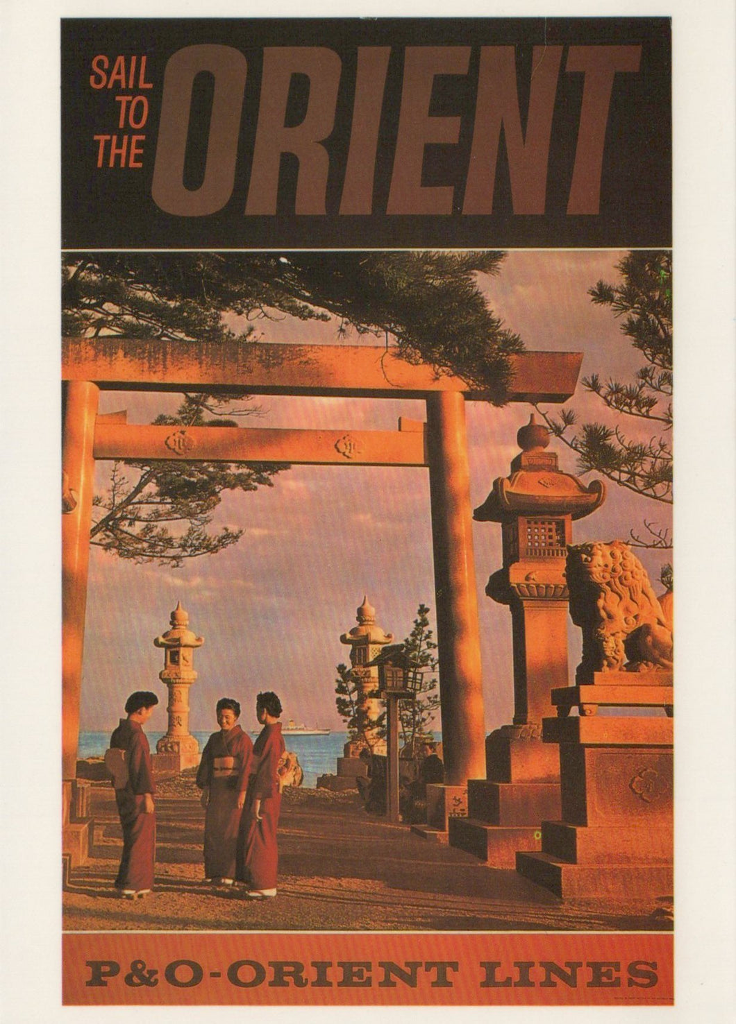 Vintage travel poster for P&O Orient Lines with people in traditional attire near a Torii gate.