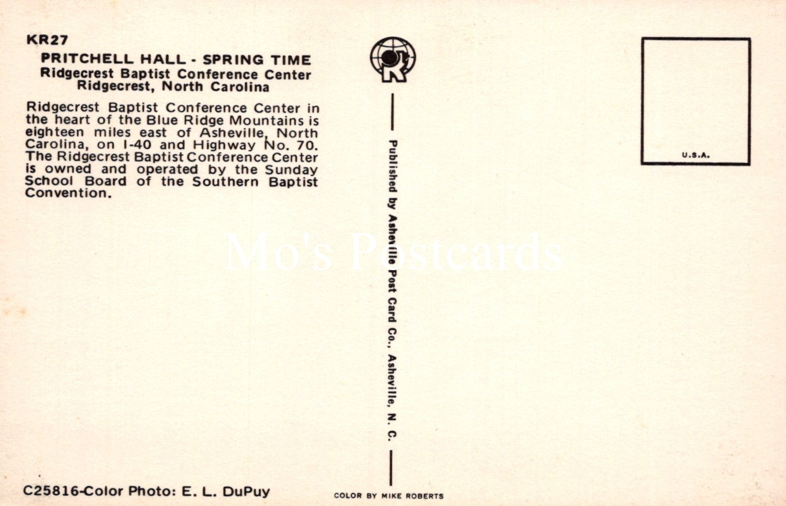 America Postcard - Pritchell Hall, Ridgecrest, North Carolina  SW18945