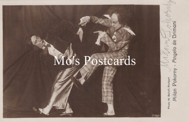 Vintage-style postcard with two people in formal attire against a dark background, featuring 'Mo's Postcards' text.