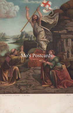 Vintage-style illustration of a religious scene with figures and a flag, labeled 'Mo's Postcards'.