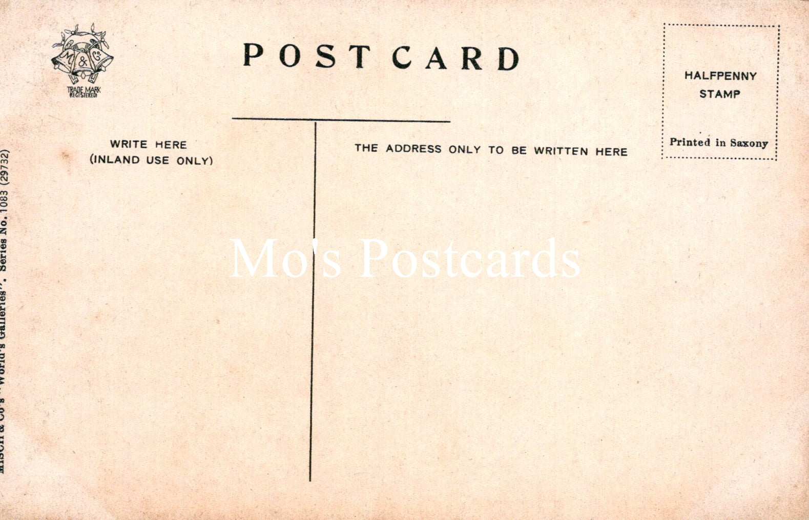 Back of a vintage postcard with text and a stamp impression