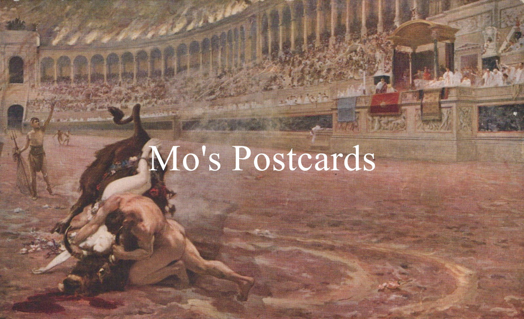 Vintage-style illustration of a gladiatorial combat scene with 'Mo's Postcards' branding.