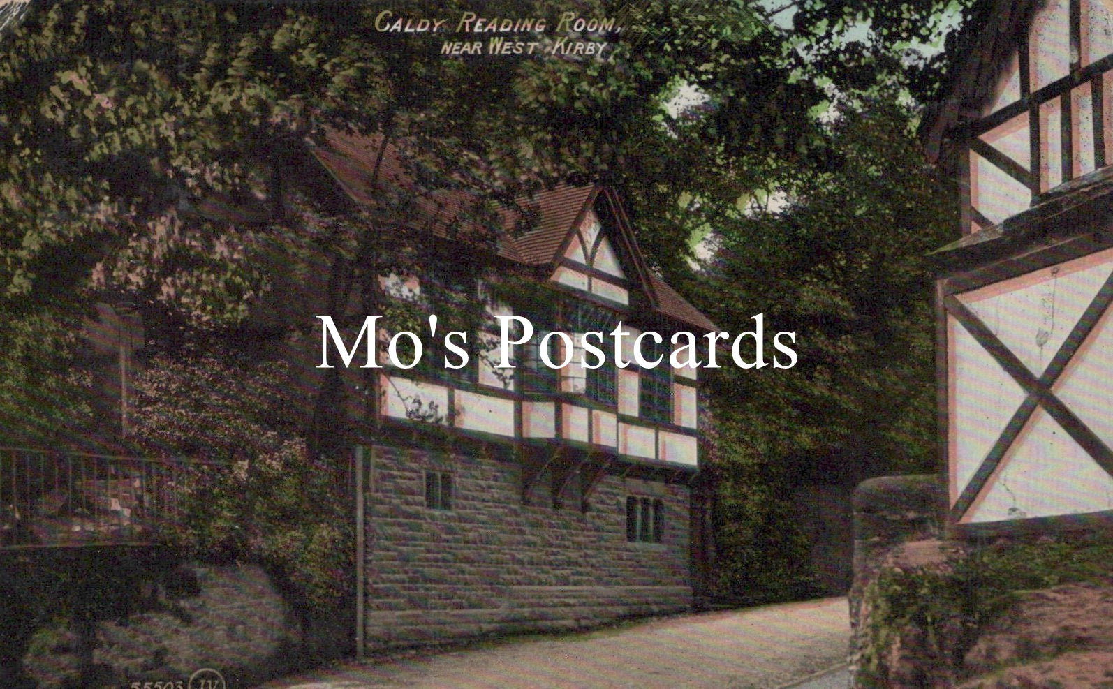 Vintage-style illustration of a building with 'Mo's Postcards' text overlay