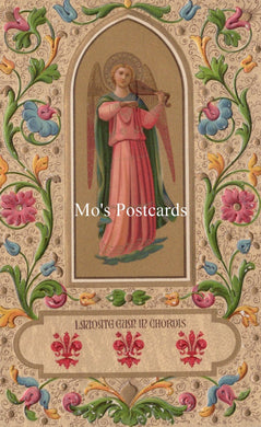 Decorative postcard with an angel illustration and floral border, featuring the text 'Mo's Postcards'.
