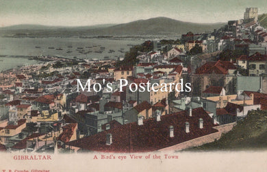 Vintage-style postcard of Gibraltar with 'Mo's Postcards' text overlay.