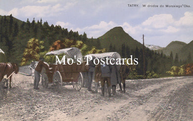 Vintage-style postcard with horse-drawn carriages on a mountain road, featuring the text 'Mo's Postcards'.