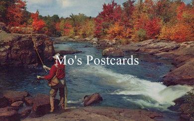 Fishing scene with a person in a red jacket and hat, surrounded by autumn trees and a river.