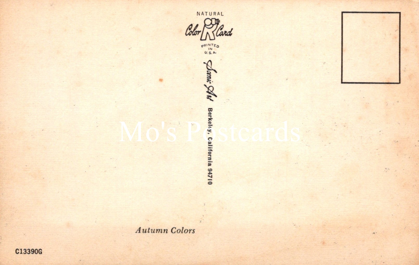 Vintage-style postcard with 'Mo's Postcards' branding and 'Autumn Colors' text on a beige background.