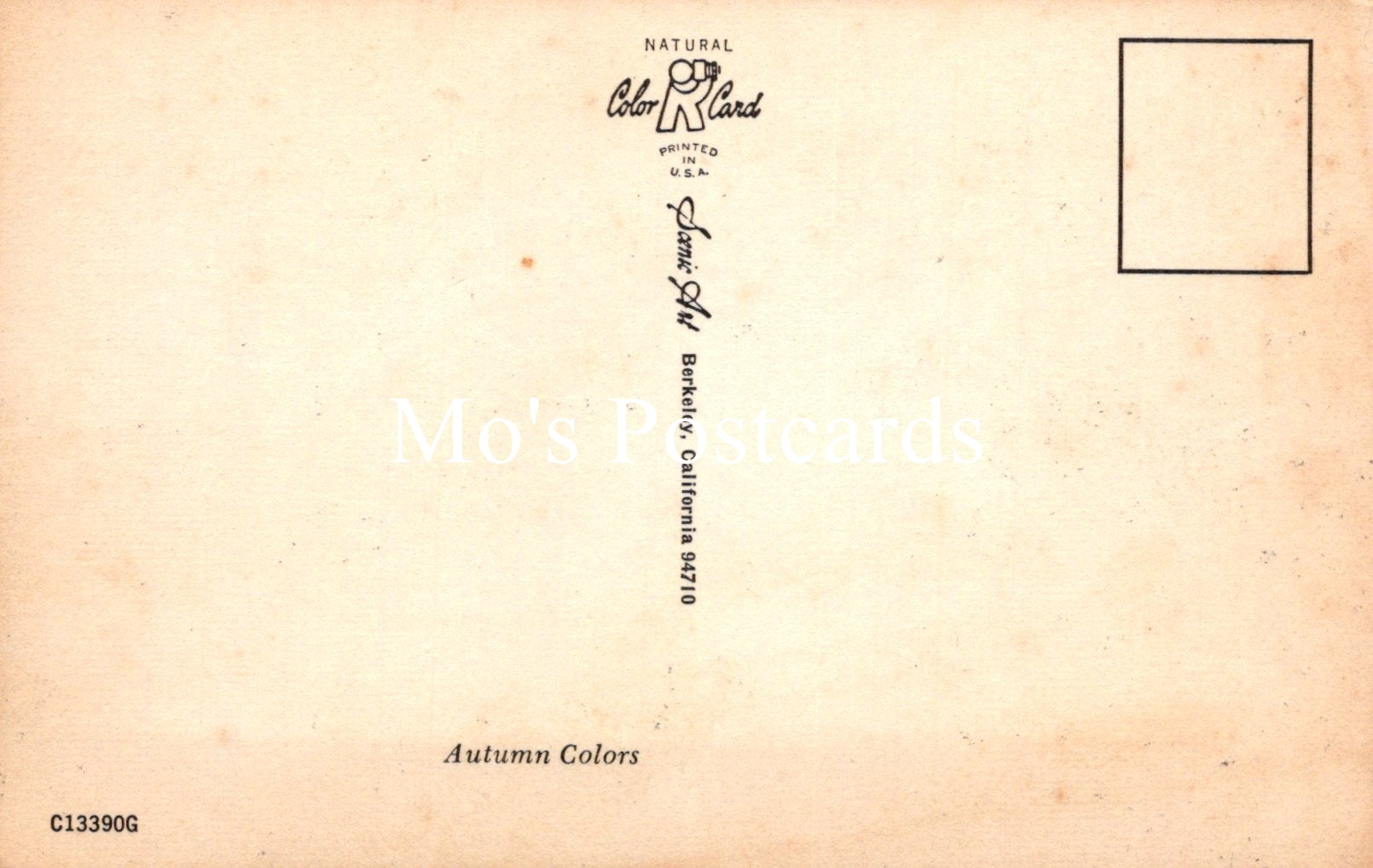 Vintage-style postcard with 'Mo's Postcards' branding and 'Autumn Colors' text on a beige background.
