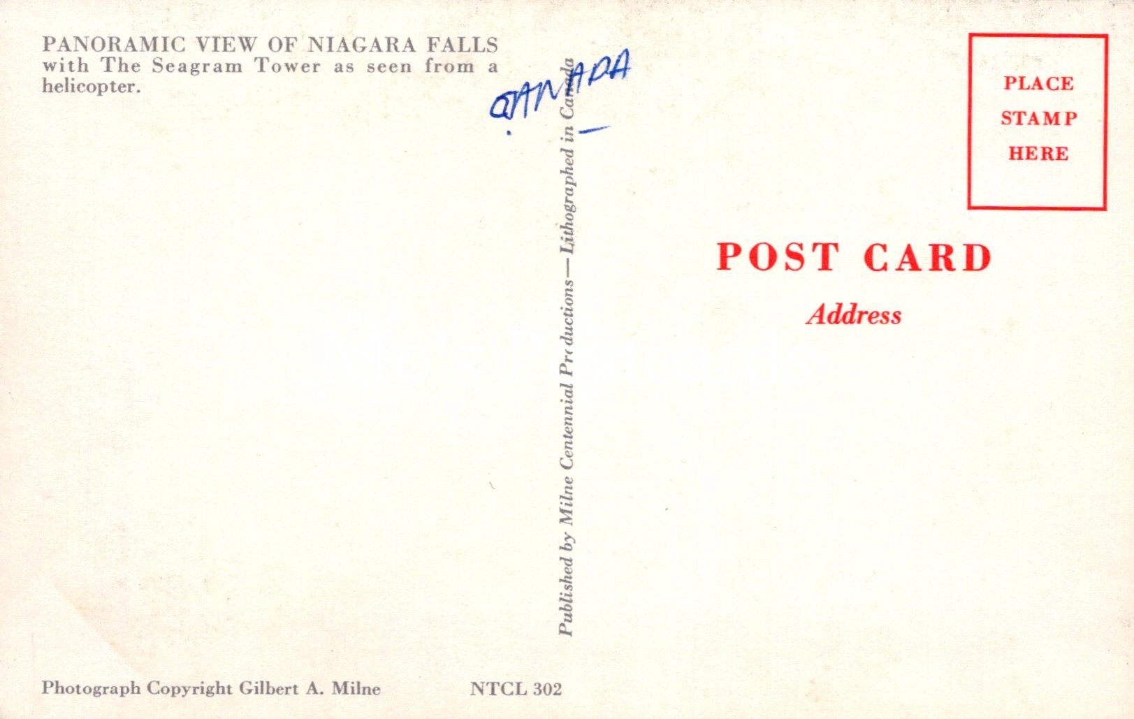 Vintage postcard with text and a stamp area, featuring Niagara Falls and The Seagram Tower.