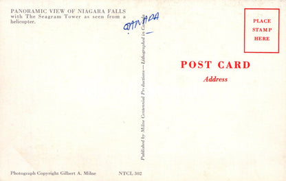 Vintage postcard with text and a stamp area, featuring Niagara Falls and The Seagram Tower.