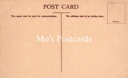 Vintage-style postcard with 'Mo's Postcards' branding on a brown background