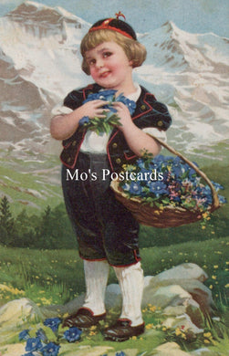 Vintage-style postcard with a boy in traditional clothing holding flowers in a mountainous landscape.