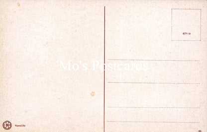 Back of a vintage postcard with text and a logo.