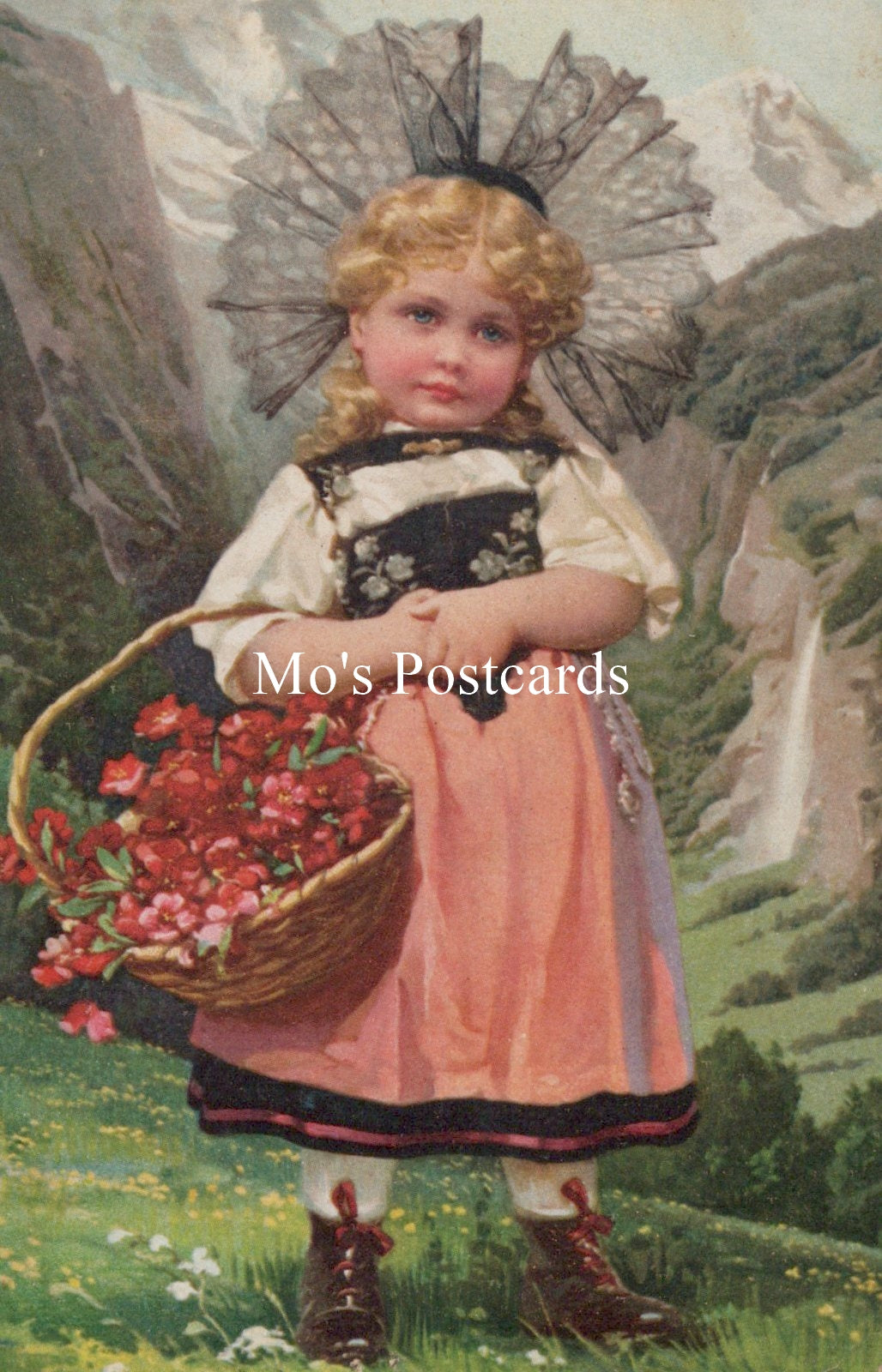 Vintage-style illustration of a young girl in traditional clothing with mountains in the background, featuring the text 'Mo's Postcards'.