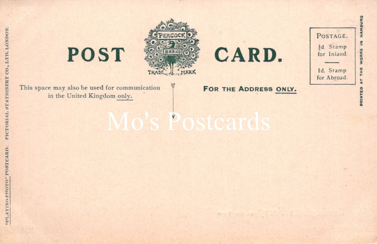 Vintage-style postcard with Peacock Post & Mail branding and 'Mo's Postcards' text.