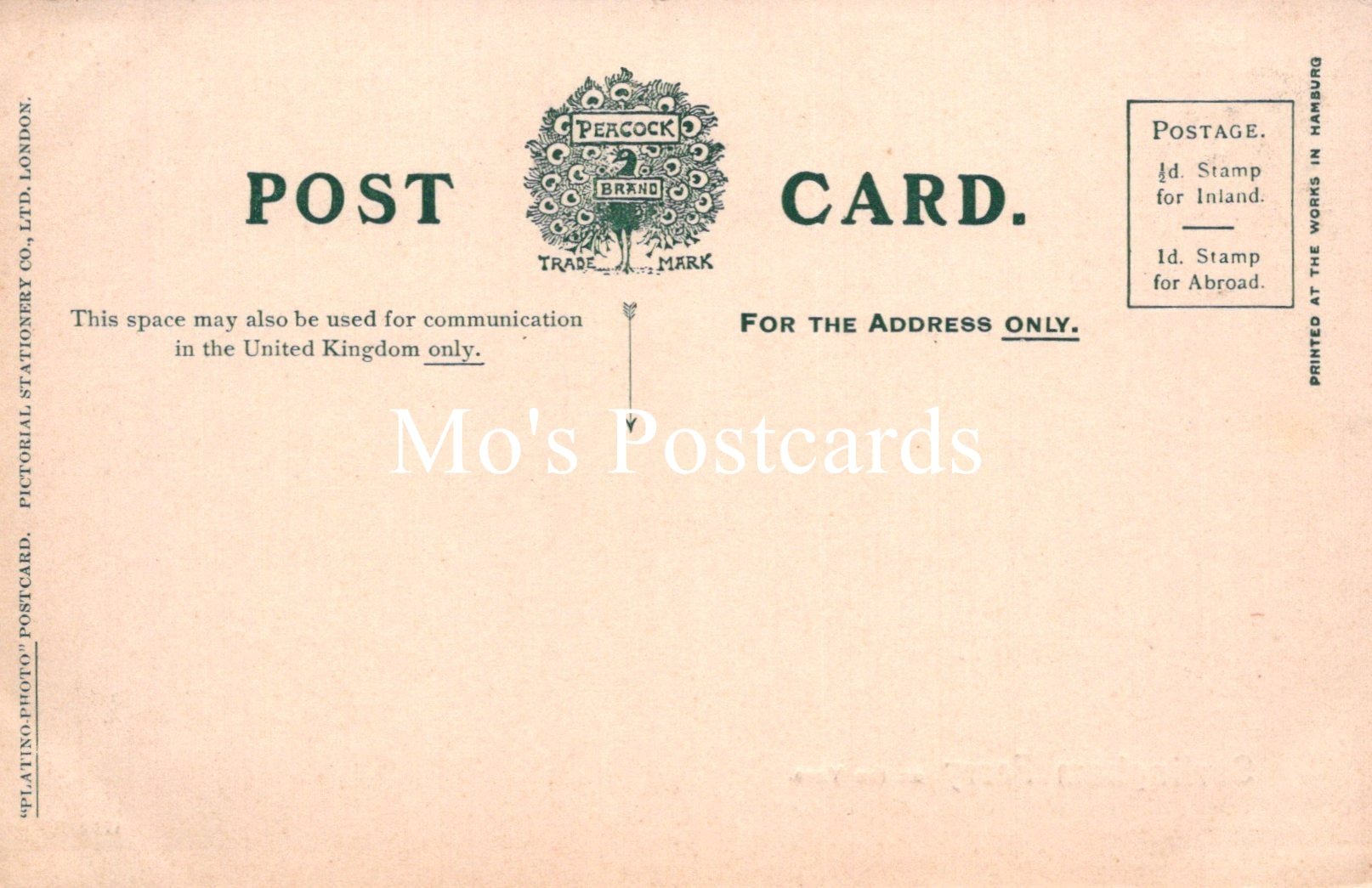 Vintage-style postcard with Peacock Post & Mail branding and 'Mo's Postcards' text.