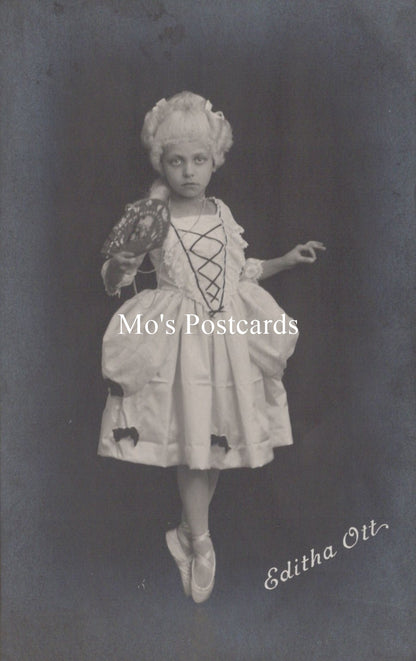 Vintage-style postcard with a dancer in costume and 'Mo's Postcards' text.