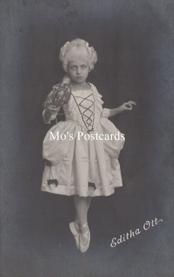 Vintage-style postcard with a dancer in costume and 'Mo's Postcards' text.