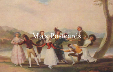 Vintage painting of a group of people in a scenic landscape with 'Mo's Postcards' text overlay.