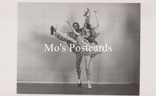 Black and white photo of two dancers in a pose with 'Mo's Postcards' text overlay.