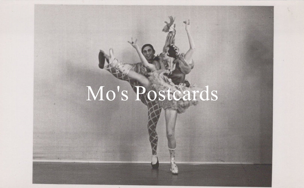 Black and white photo of two dancers in a pose with 'Mo's Postcards' text overlay.