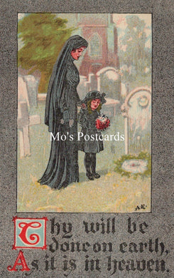 Vintage-style postcard with a woman and child at a cemetery, featuring text 'Thy will be done on earth, as it is in heaven.'